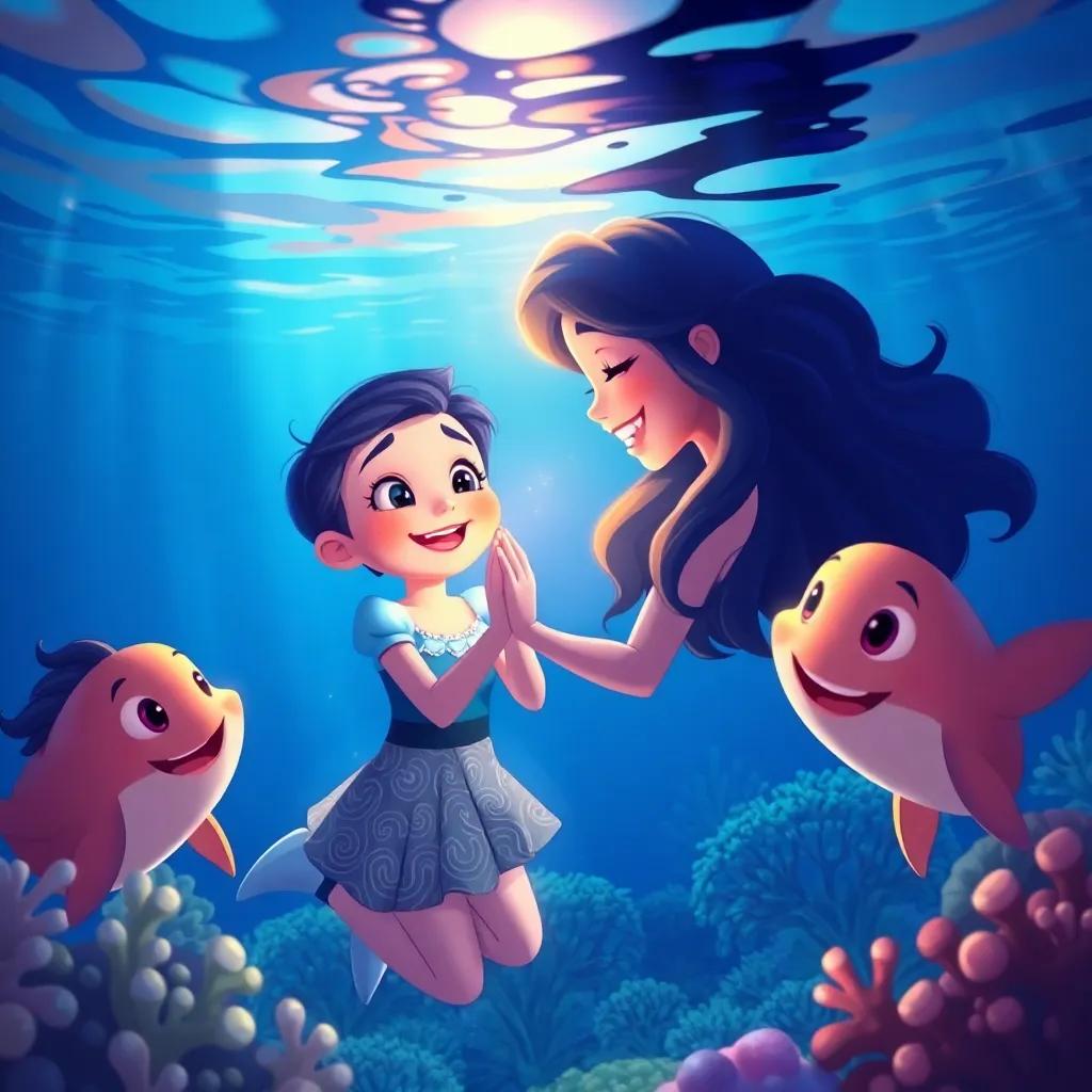 Valeria sharing a moment with her new friends under the ocean, smiling and holding hands, with a magical glow around them, emphasizing the theme of friendship, illustration, heartwarming, vibrant colors