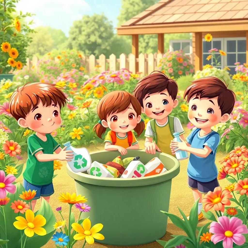 A group of young children eagerly participating in recycling activities outdoors in a vibrant garden, colorful flowers all around, sunny day, cheerful atmosphere, children smiling, illustration, colorful, lively, engaging