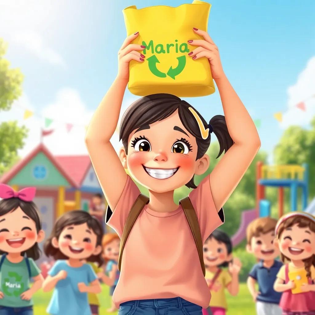 A young girl named María holding her recycling bag high, with a big grin on her face, surrounded by happy classmates, bright sunlight, colorful playground in the background, child-friendly illustration, festive, vivid colors