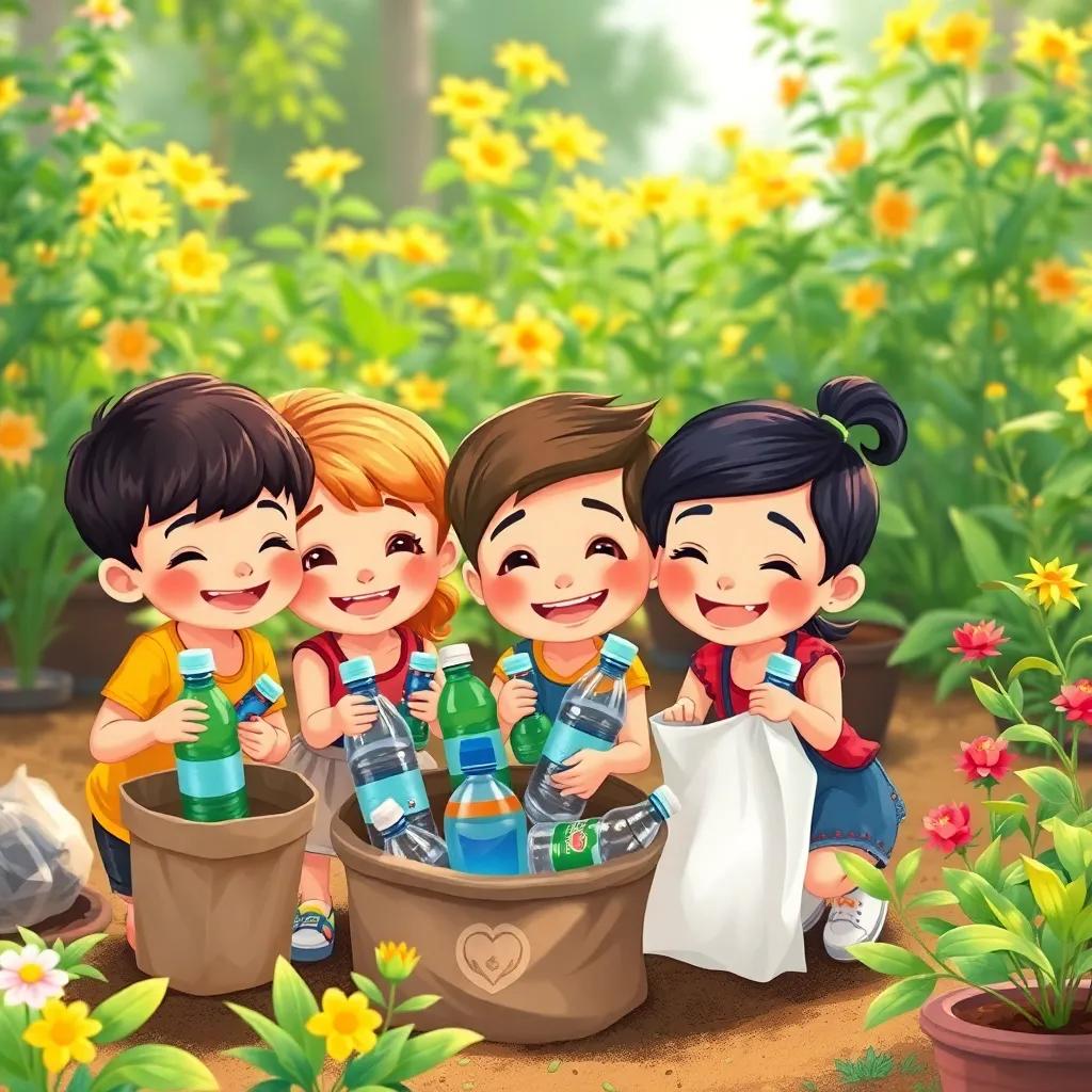 Children collecting plastic bottles and paper together, showing teamwork, with smiles on their faces, in a lively garden, plants blooming all around, joyful expressions, engaging illustration, playful colors