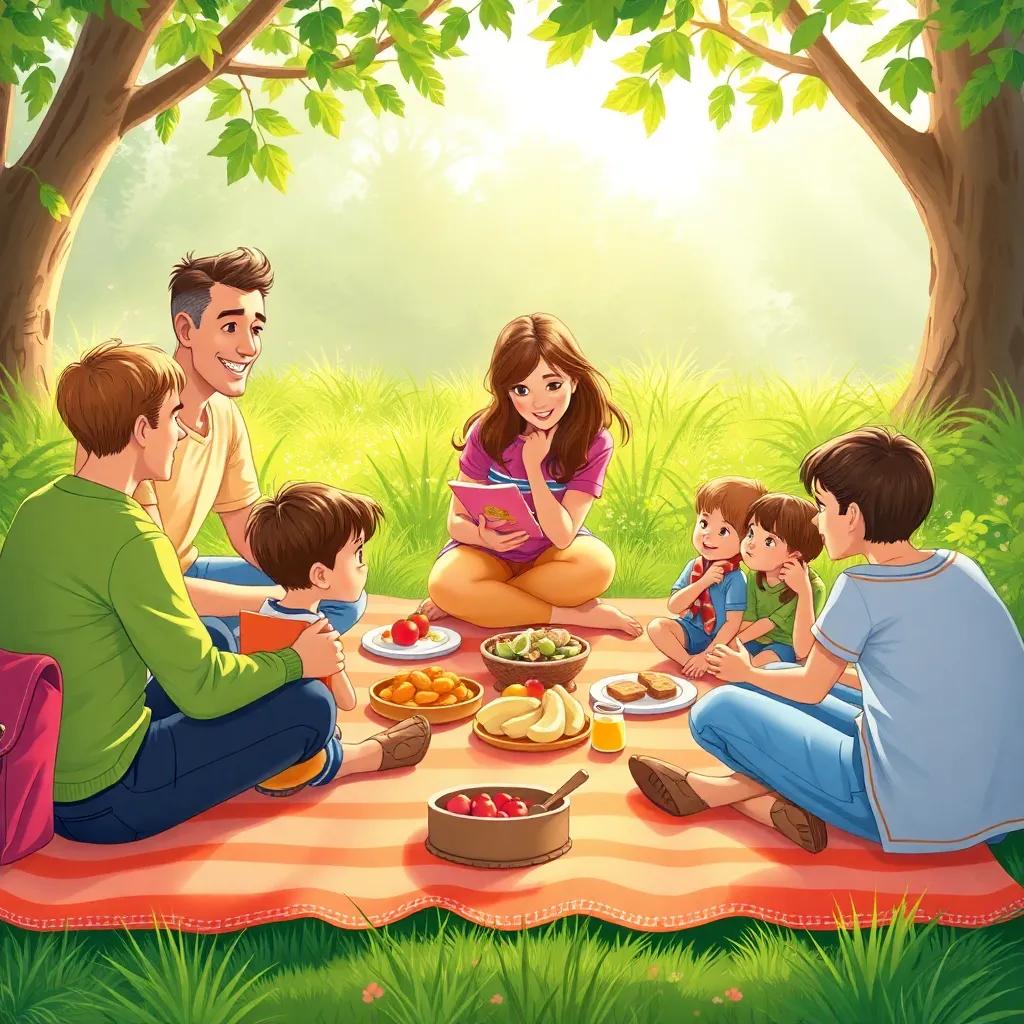 Parents and children sharing ideas around a picnic setup, with a bright picnic blanket spread out and healthy snacks, lush greenery all around, warm and inviting atmosphere, community spirit, detailed illustration