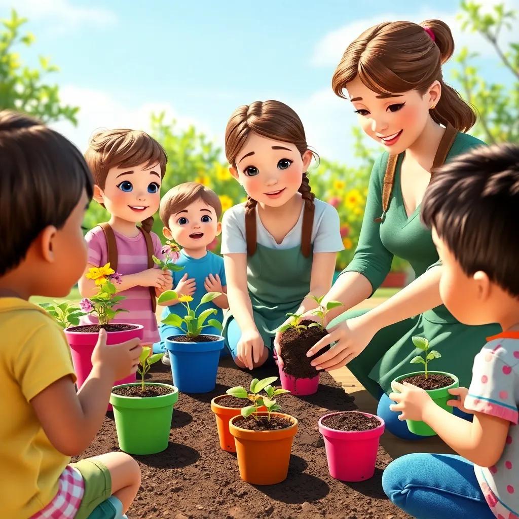 Teacher planting flowers with children watching eagerly, colorful flower pots and soil in hands, bright sunny day, nurturing environment, educational setting, engaging scene