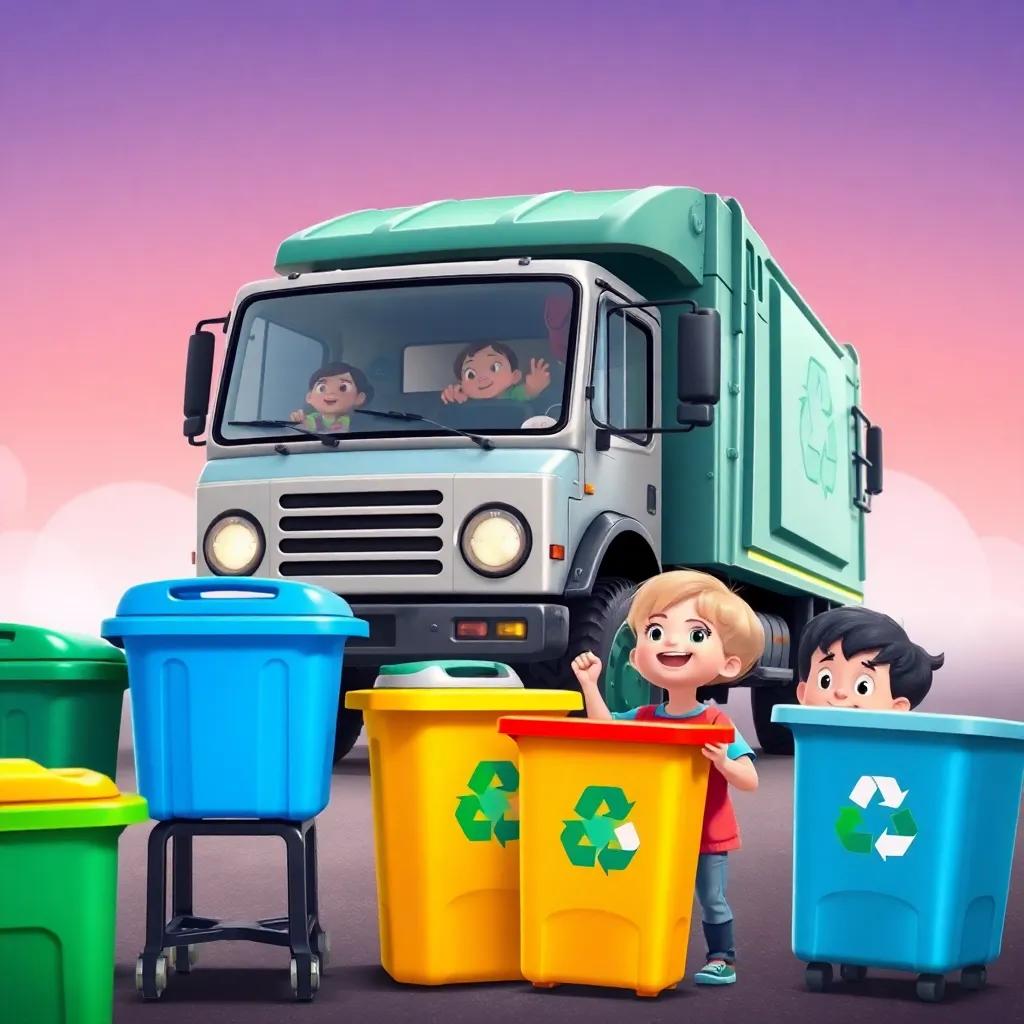 A garbage truck coming to collect recyclable materials, children watching in excitement, with colorful recycling bins nearby, vibrant background, energetic and curious mood