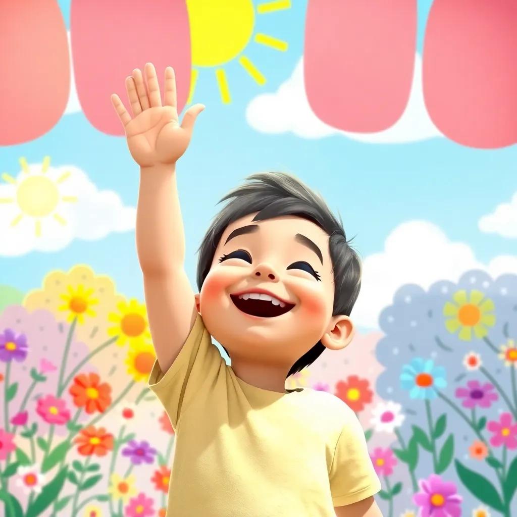 A child smiling and raising his hand in joy, surrounded by colorful drawings of flowers and trees on a bright sunny day, festive celebration, friendly environment, child-friendly style