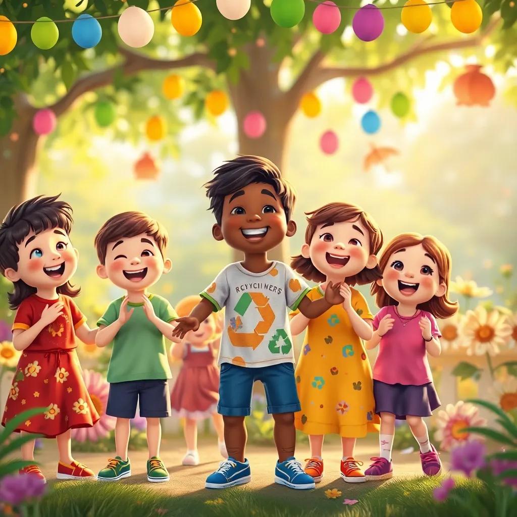 Children dancing and singing together in celebration at the end of the recycling day, colorful decorations around them, joyful expressions, happy environment, beautiful garden scene