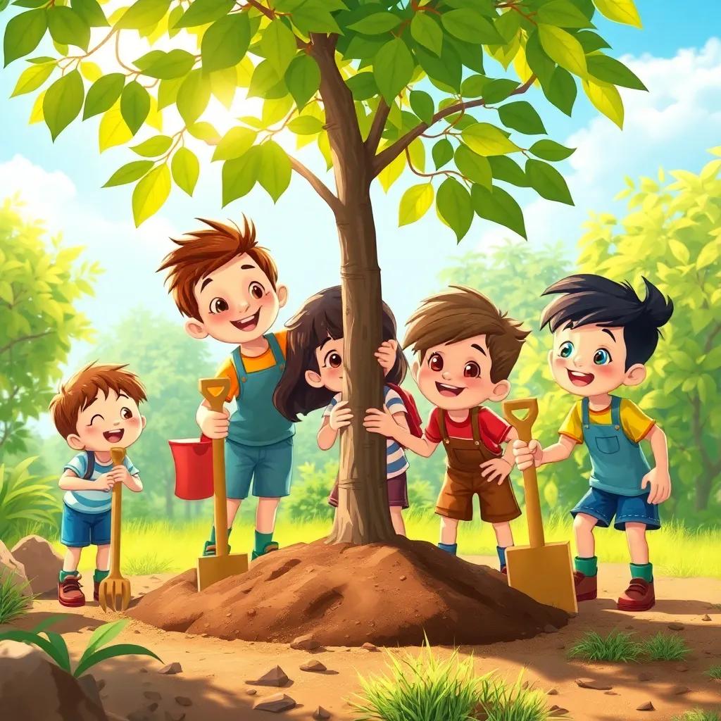 A cheerful group of children planting trees together, with tools and smiles, in a vibrant setting with sunlight filtering through the leaves, encouraging teamwork and care for nature, engaging illustration