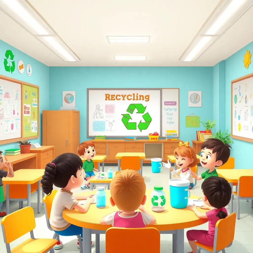 A bright and fun classroom environment with children learning about recycling in an exciting way, charts and drawings on the walls, colorful and lively, educational atmosphere