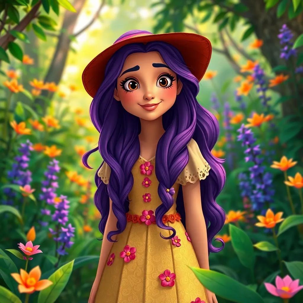 A kind witch named Clara, a Hispanic woman with long, wavy violet hair, wearing a flower dress, in a vibrant green forest full of colorful plants, digital art, bright colors, warm atmosphere, high quality