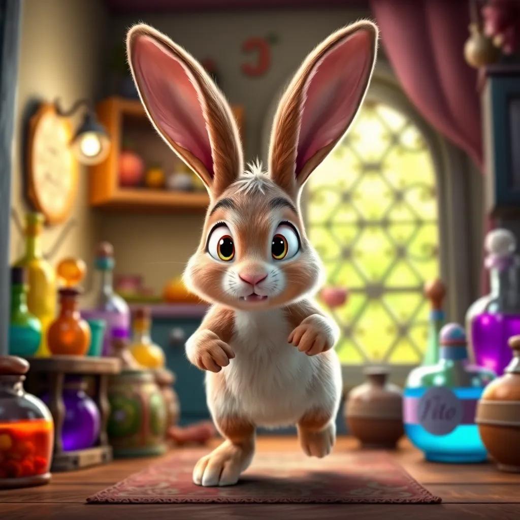 A small rabbit named Tito, a brown rabbit with bright eyes, hopping into Clara's house with a worried expression, surrounded by colorful potion bottles, cozy interior, cheerful, inviting scene, high quality