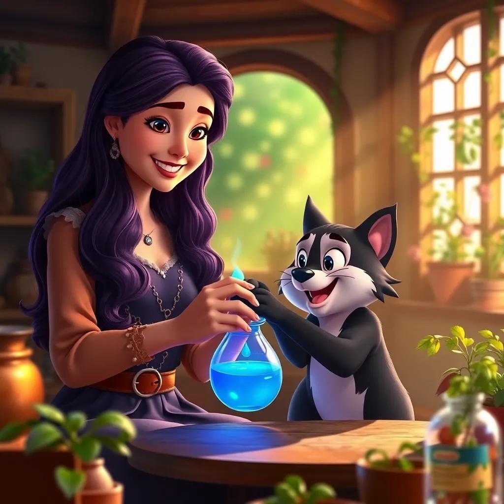 Clara, a Hispanic woman with long, wavy violet hair, pouring a blue healing potion on Tito's paw, both smiling in a sunny room filled with magical herbs, magical, warm light, heartwarming, high quality