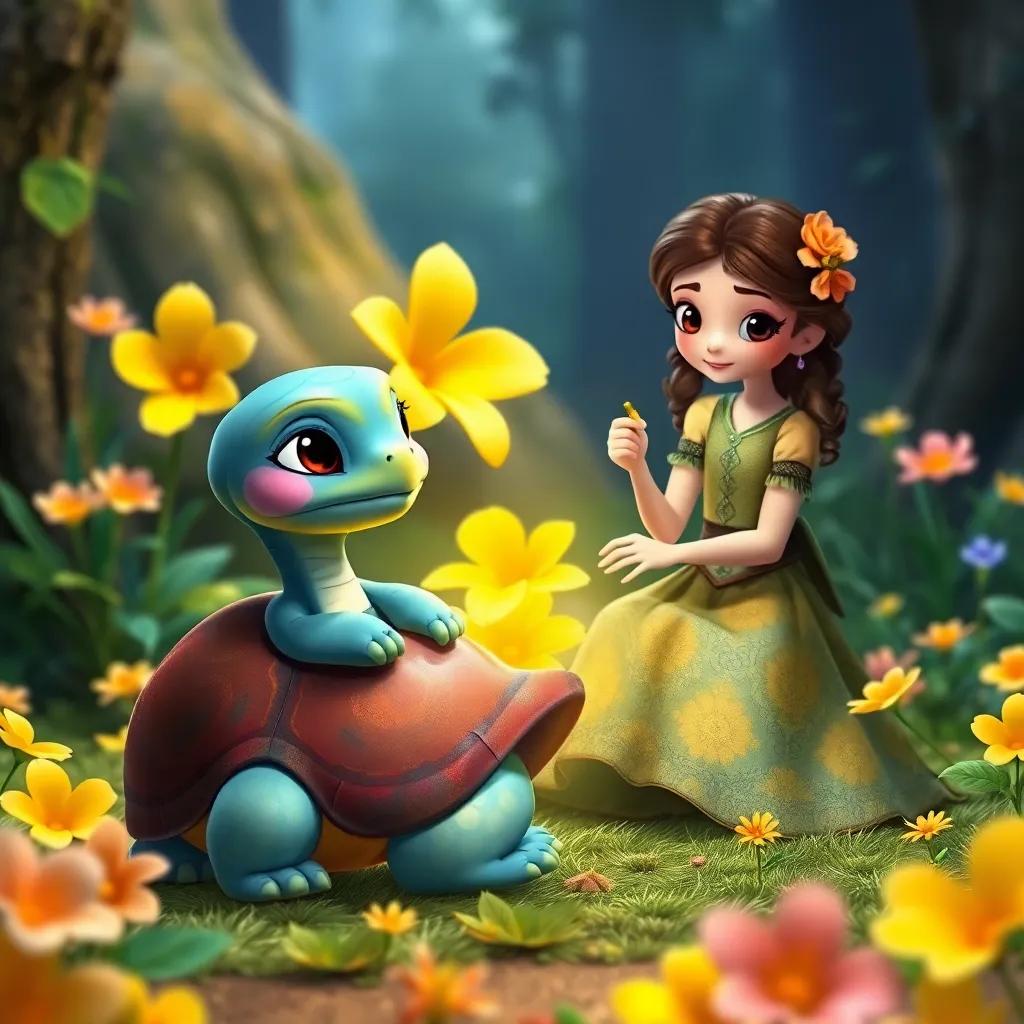 Tula, a turtle with a patterned shell, sitting before Clara, who is preparing a yellow flower potion, both in a magical forest setting, bright flowers around them, friendly atmosphere, high quality