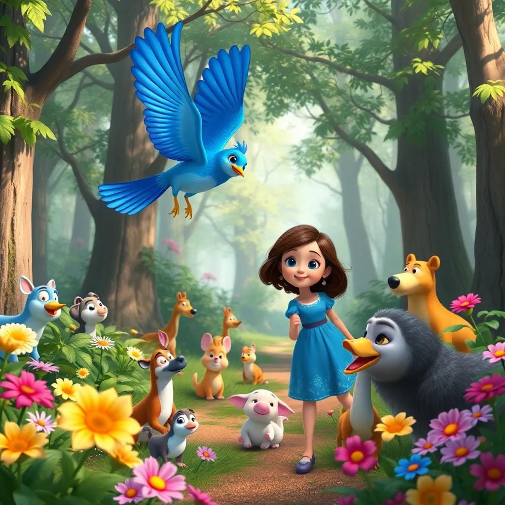 A blue bird flying towards Clara in the forest, surrounded by friendly animals, colorful flowers and trees, cheerful and vibrant, joyful scene, high quality