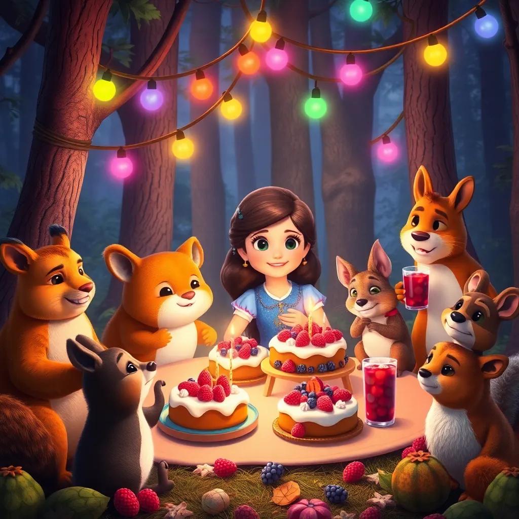 A beautiful party scene in the forest with Clara, surrounding by various animals enjoying fruit cakes and berry juice, decorated with colorful lights, festive atmosphere, high quality