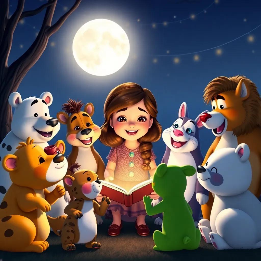 All the animals sharing stories around Clara during the party, laughing and celebrating under the moonlight with playful expressions, joyful gathering, high quality