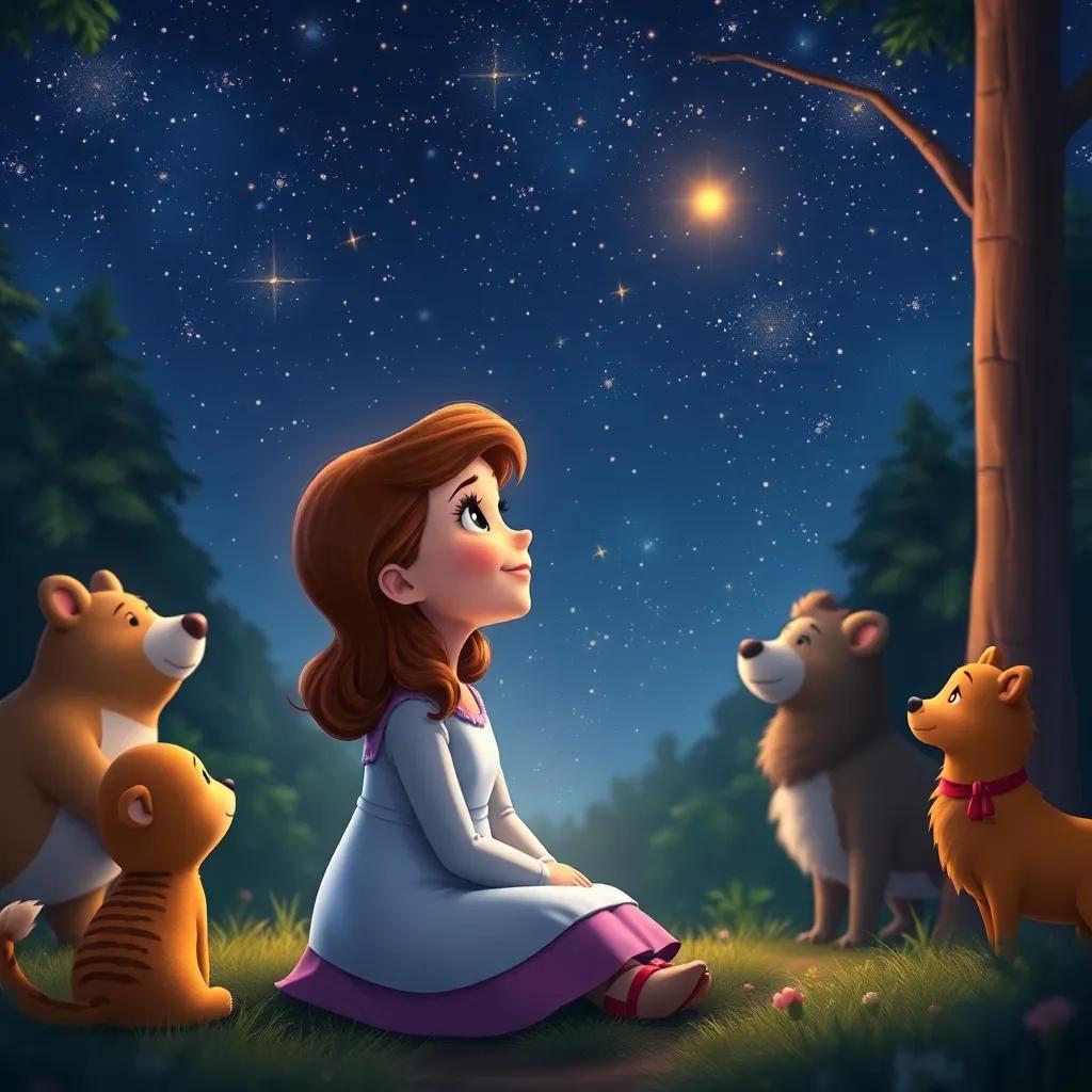 Clara gazing at the night sky full of stars, reflecting on happiness surrounded by her animal friends, peaceful forest setting, warm and magical, high quality