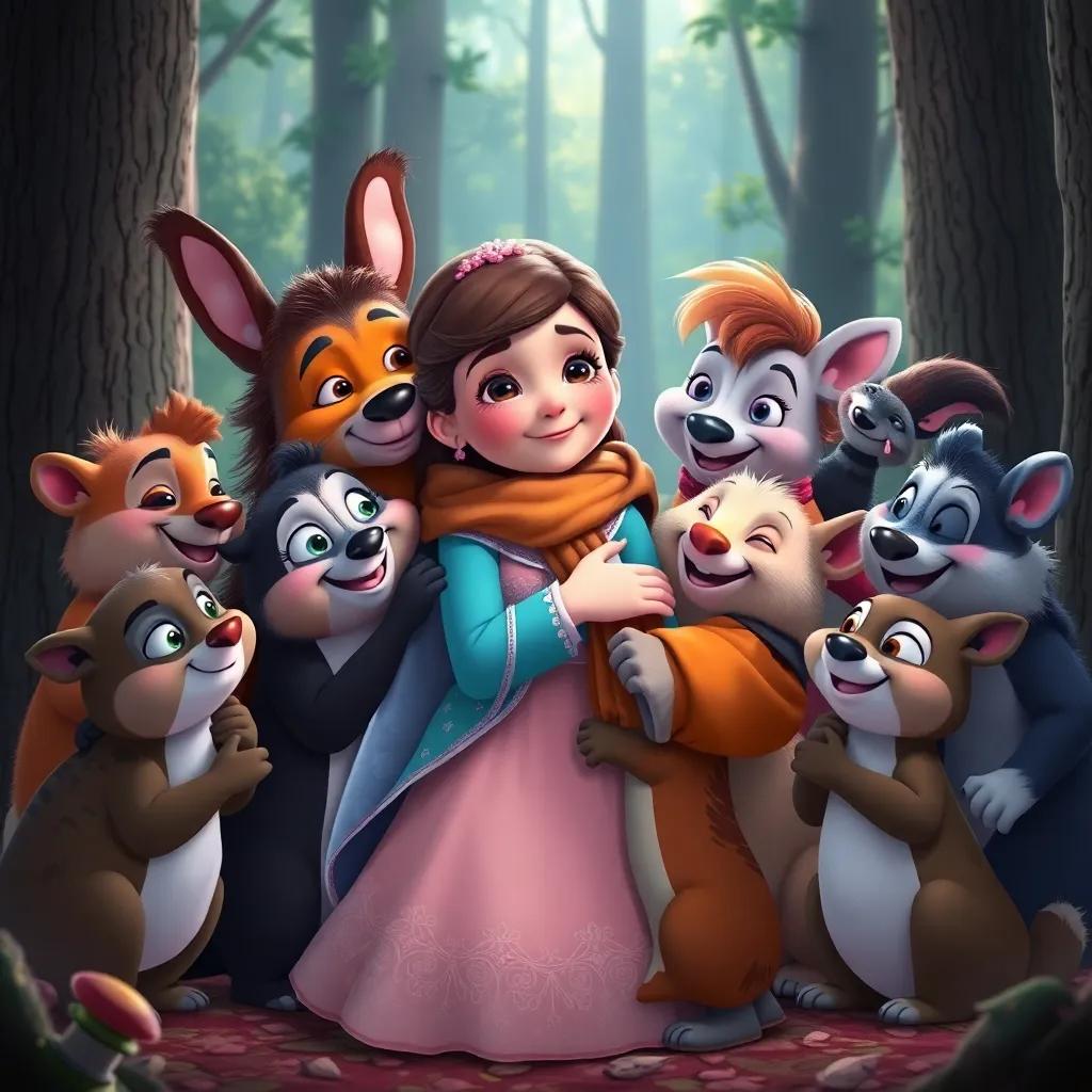 A warm goodbye scene with all the forest animals hugging Clara, promising to help her in return, smiling faces, loving atmosphere, high quality
