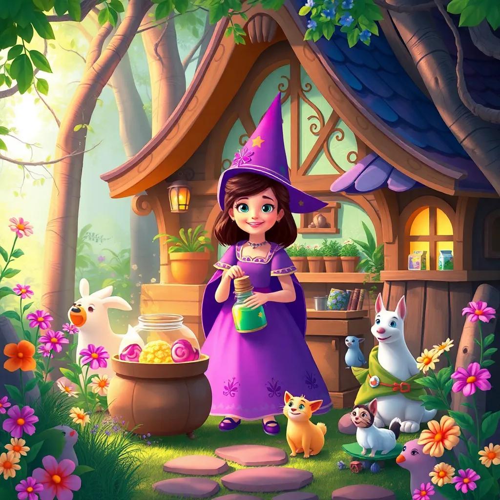 Clara, the good witch, in her charming forest home, continuing to make potions, surrounded by bright flowers and happy animals, cheerful and magical environment, high quality