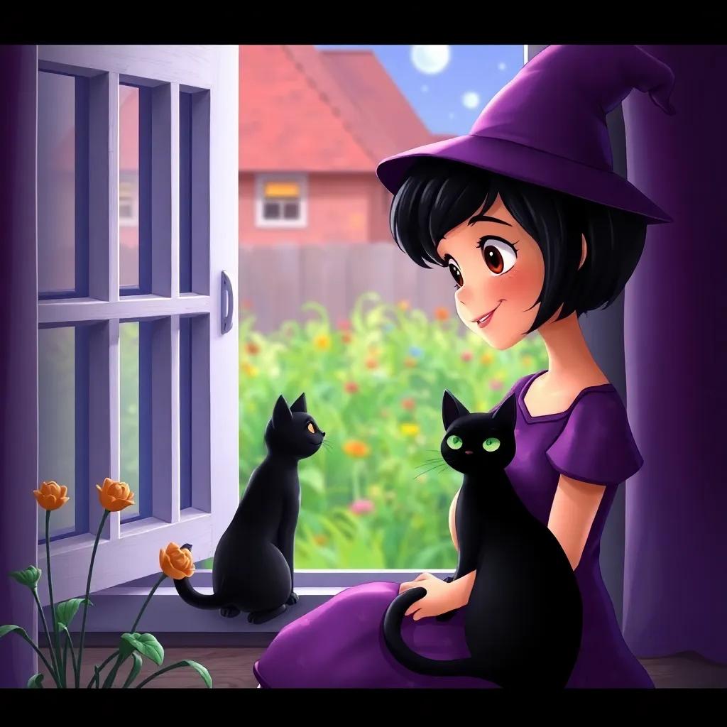 A young witch, Lila, with short black hair, wearing a purple dress with stars, sitting by a window with a black cat, looking at a wilted garden, digital art, colorful, inviting atmosphere, cheerful