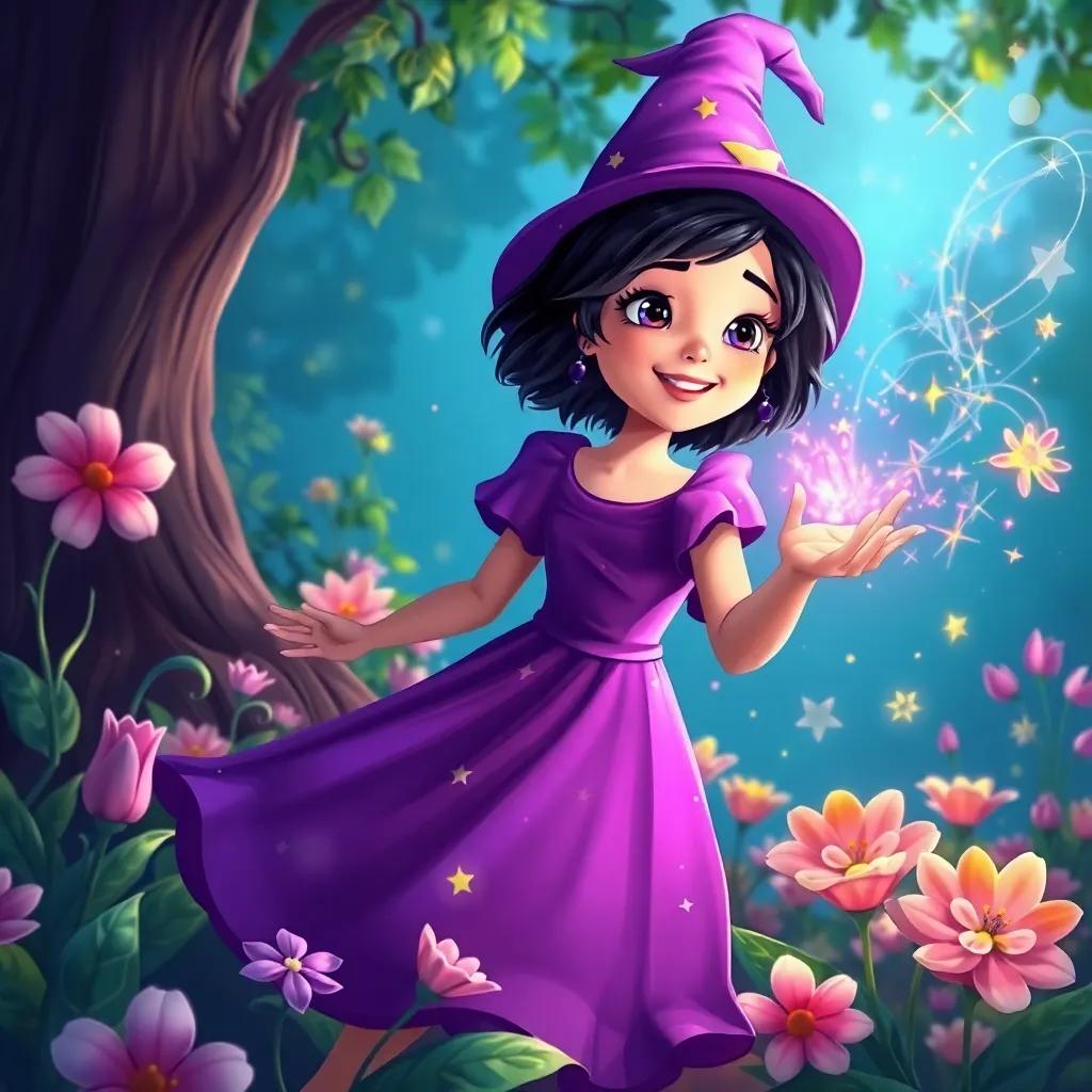 Lila, a young witch with short black hair in a purple dress with stars, enchanting a wilting garden, surrounded by swirling magic sparkles, illustration, vibrant, joyful; colorful scene