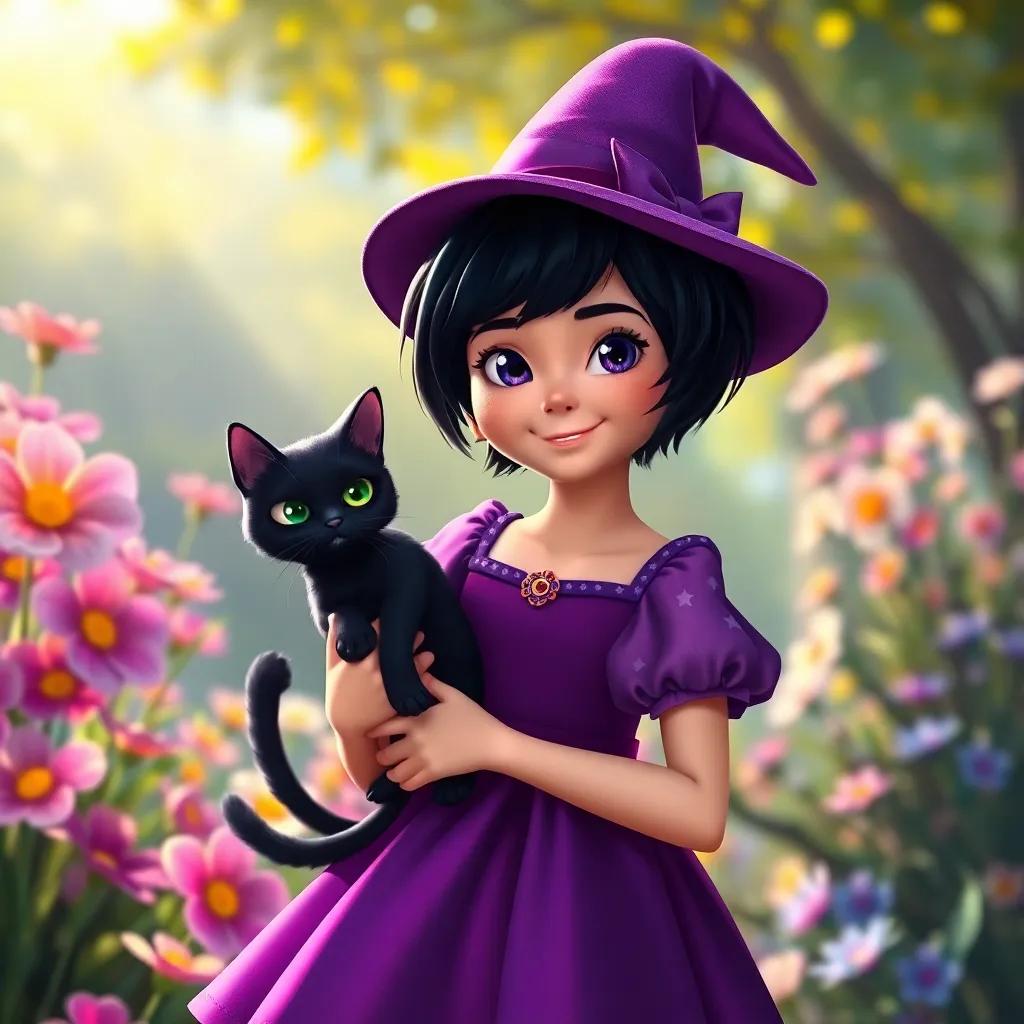 Lila, a young witch with short black hair in a purple dress with stars, with her black cat Sombra, standing proudly in front of blooming flowers, sunlight shining, warm colors, idyllic scene; happy