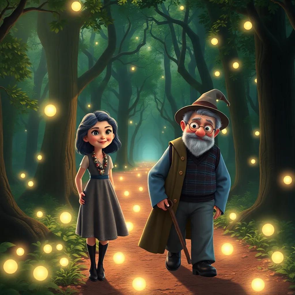 Lila, the young witch, with a confident smile, guiding an elderly man through a magical, illuminated forest path, surrounded by bright orbs of light, detailed digital art, peaceful; uplifting