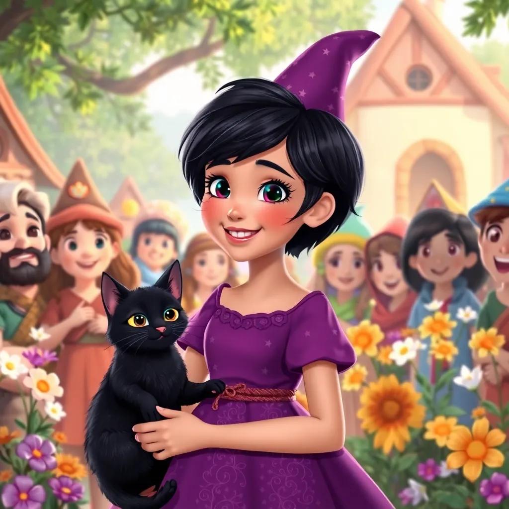 Lila, a young witch with short black hair in a purple dress with stars, with her black cat Sombra, looking content as she smiles among happy villagers with flowers, heartwarming scene; cheerful
