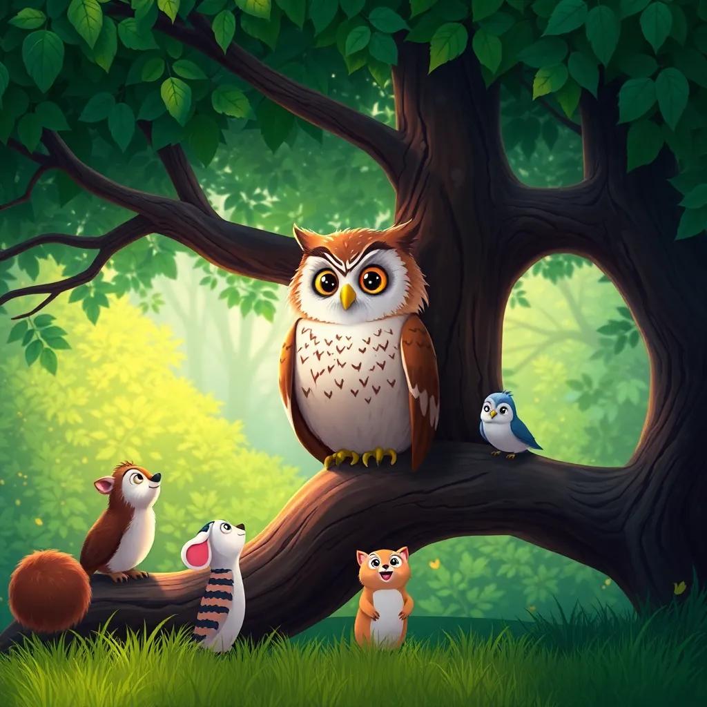 A wise owl sitting on a tree branch in a lush green forest, surrounded by animals eager to listen, digital art, serene atmosphere, warm colors, inviting scene, high quality