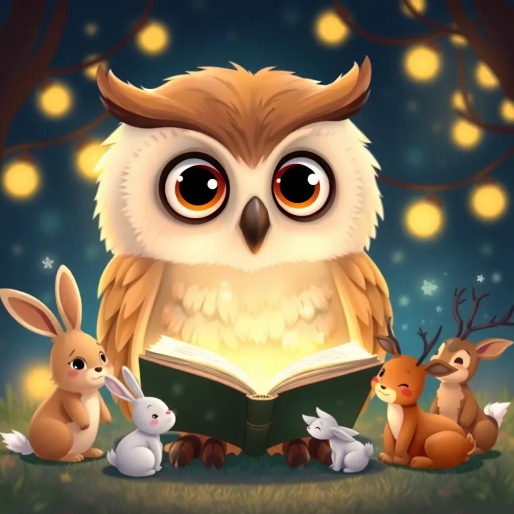 The owl, with large wise eyes and soft feathers, telling a magical story with a book open, animals like rabbits and deer sitting around, cozy lights in the background, whimsical illustration, cheerful mood