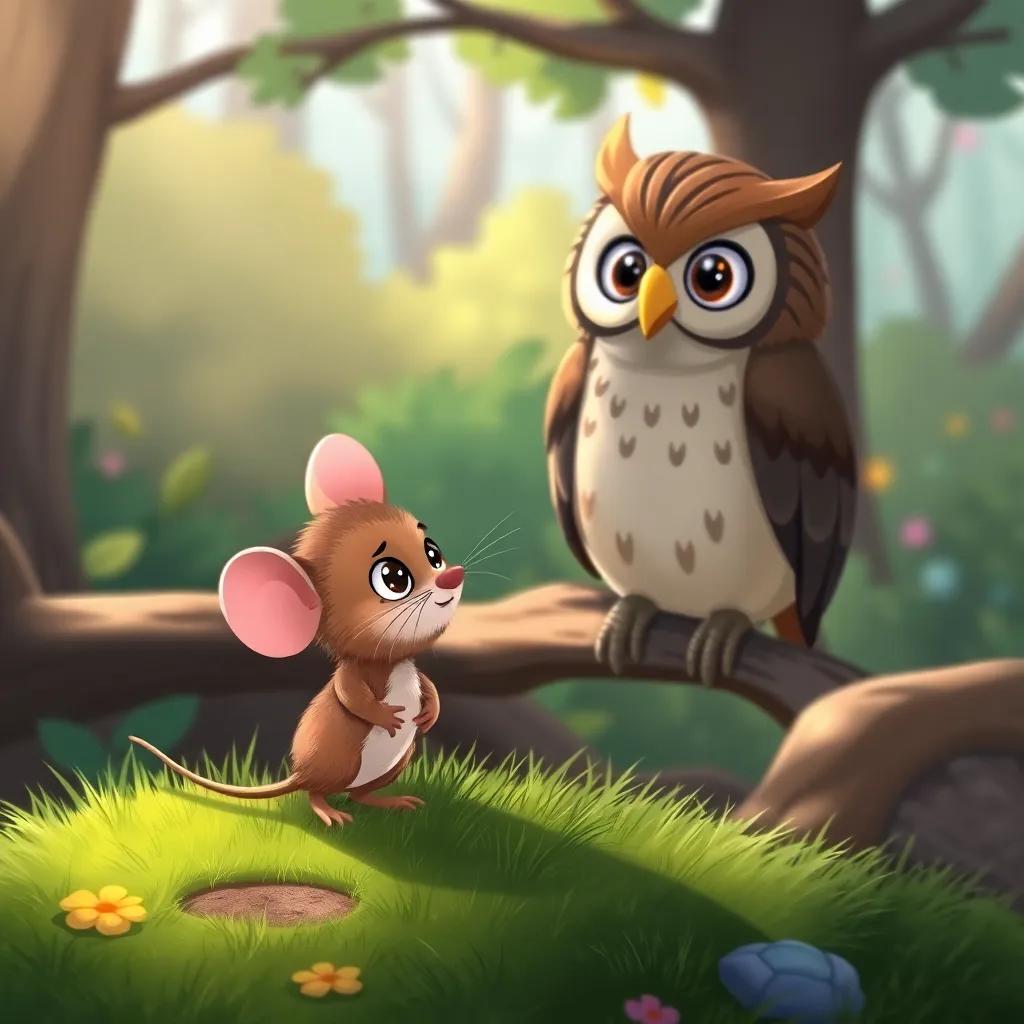 A small timid mouse named Ramón looking nervously at the wise owl, standing on a grassy patch near the storytelling area, colorful forest background, cute and friendly style, heartwarming illustration