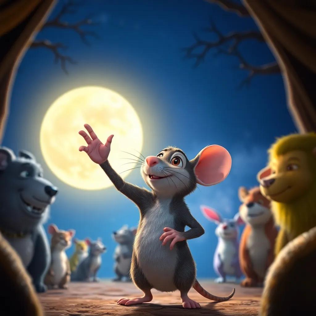 Ramón, the little mouse, raising his paw to share his story in front of the gathered animals, showing determination, bright moonlight illuminating the scene, engaging atmosphere, vibrant colors
