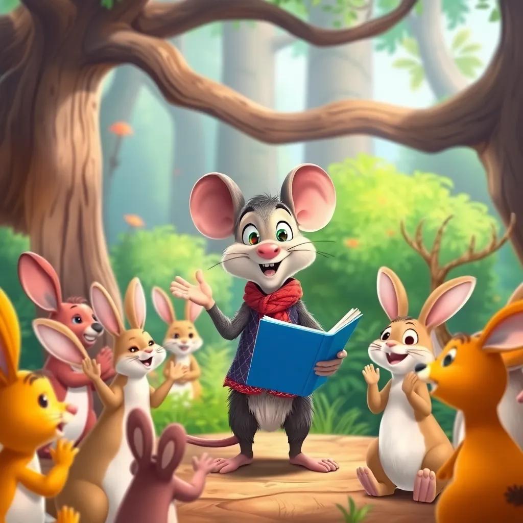 Ramón the mouse, confidently telling his story to the delighted animals, surrounded by clapping rabbits and smiling deer, colorful forest setting with cheerful details, joyful illustration, high quality