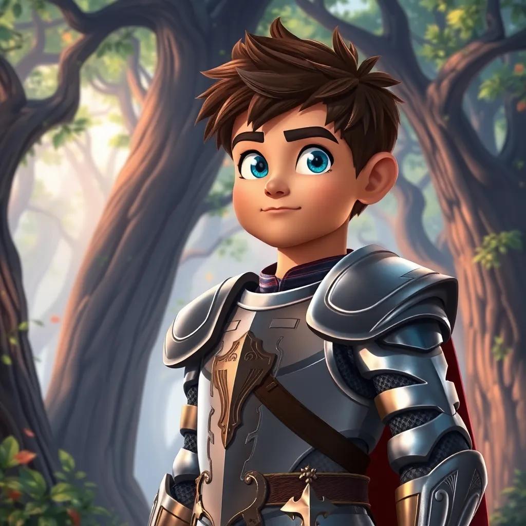 A young knight named Alejandro, dressed in shining armor with a determined look, standing at the edge of a mystical forest with trees filled with secrets, digital art, vibrant colors, heroic atmosphere, high quality