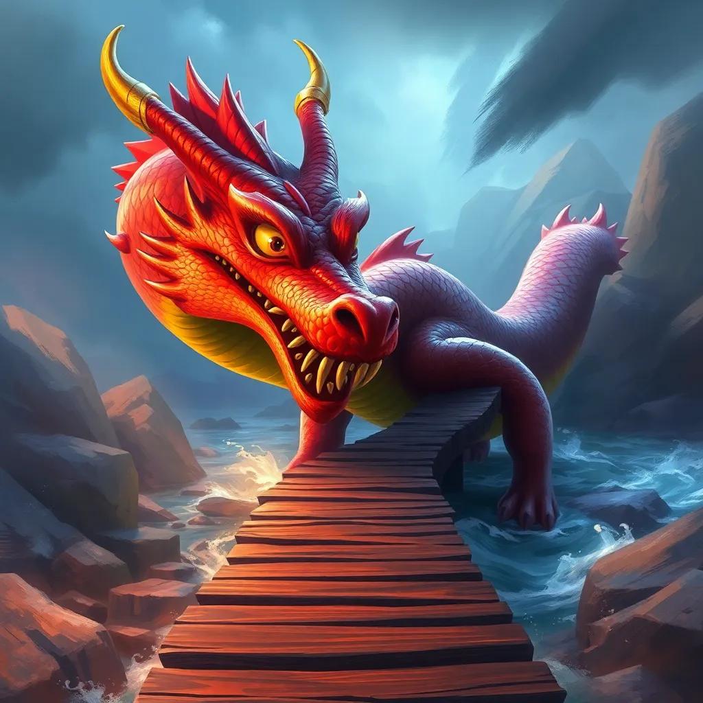 Alejandro, now facing a fiery dragon with scale of red and gold, looking fierce but curious. The dragon is guarding a wooden bridge over a flowing river, digital painting, intense colors, fantasy scene, dramatic lighting