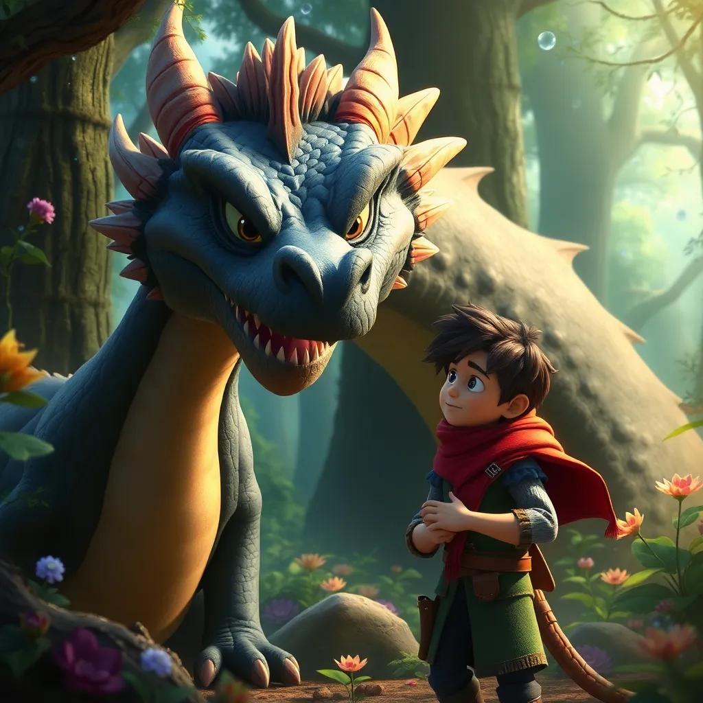 The dragon asking Alejandro a riddle, both characters in a mystical forest filled with magic. The dragon, large with noble features, listening intently, Alejandro looking thoughtful and brave, digital art, detailed, colorful, imaginative setting