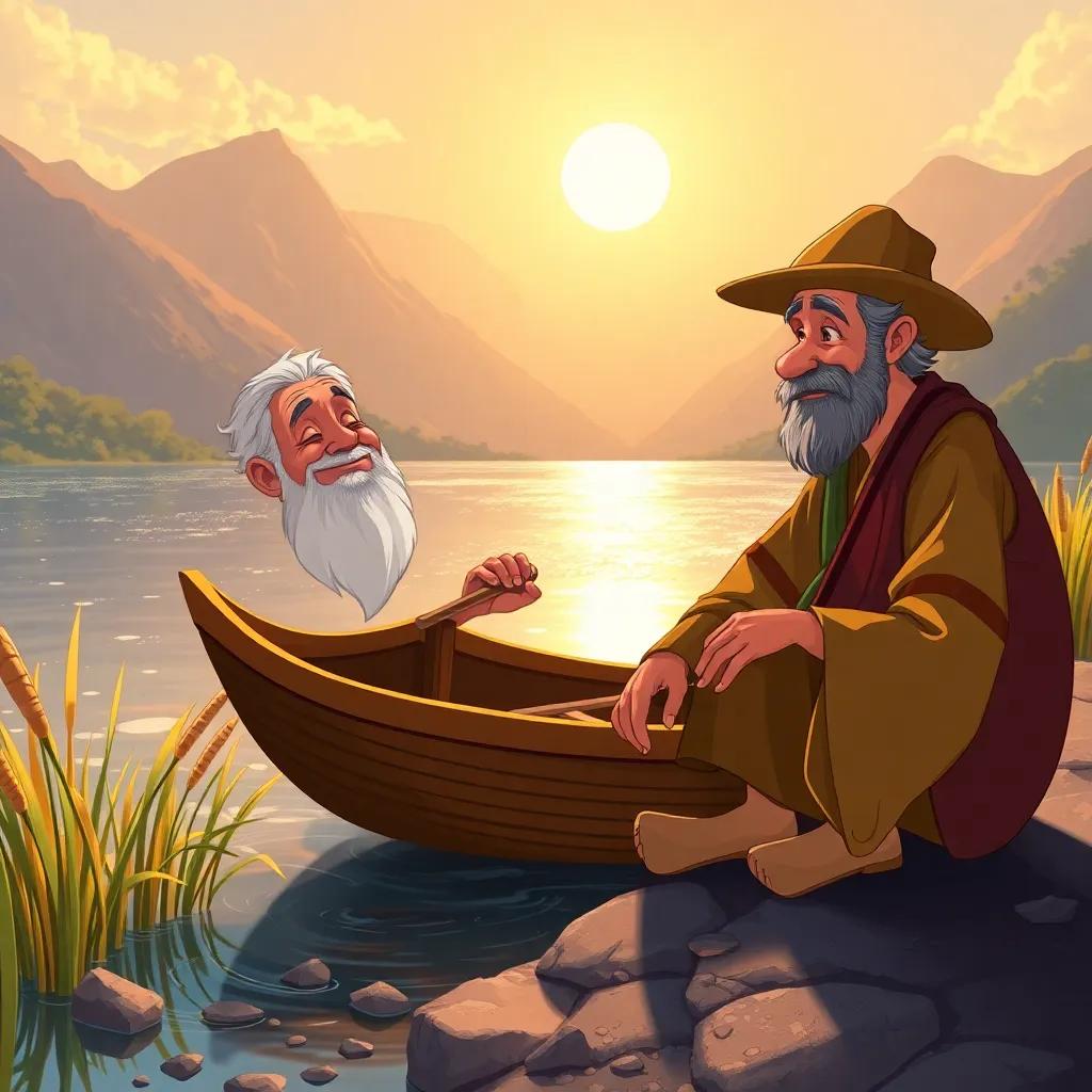 An old wise man by the river's edge, smiling at Alejandro who is building a boat from reeds. The river is sparkling under the sun with mountains in the background, illustration, warm colors, peaceful, friendly vibe