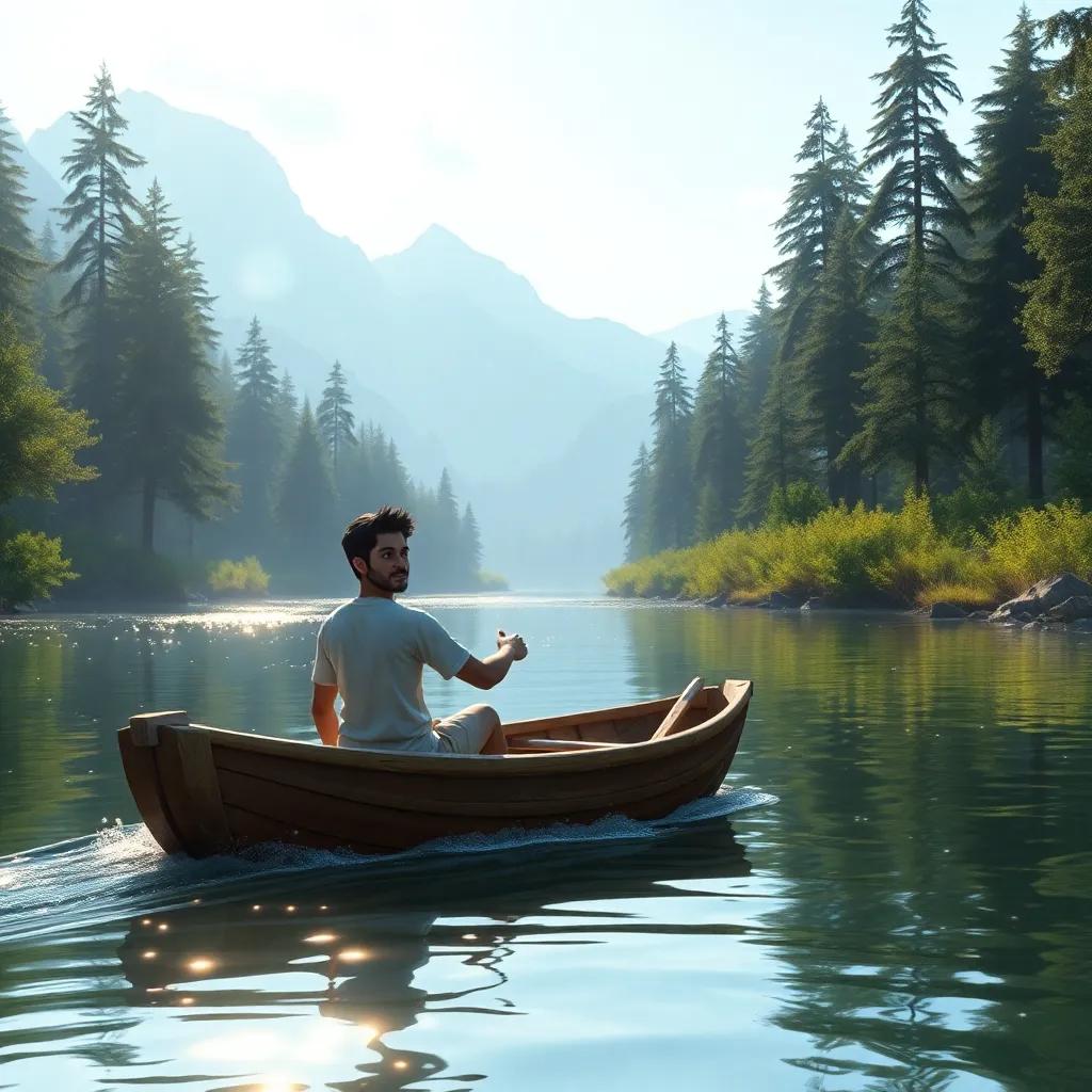 Alejandro in a small reed boat sailing down a shimmering river, with tall trees beside him and mountains in the distance, digital artwork, serene colors, adventurous feel, high quality