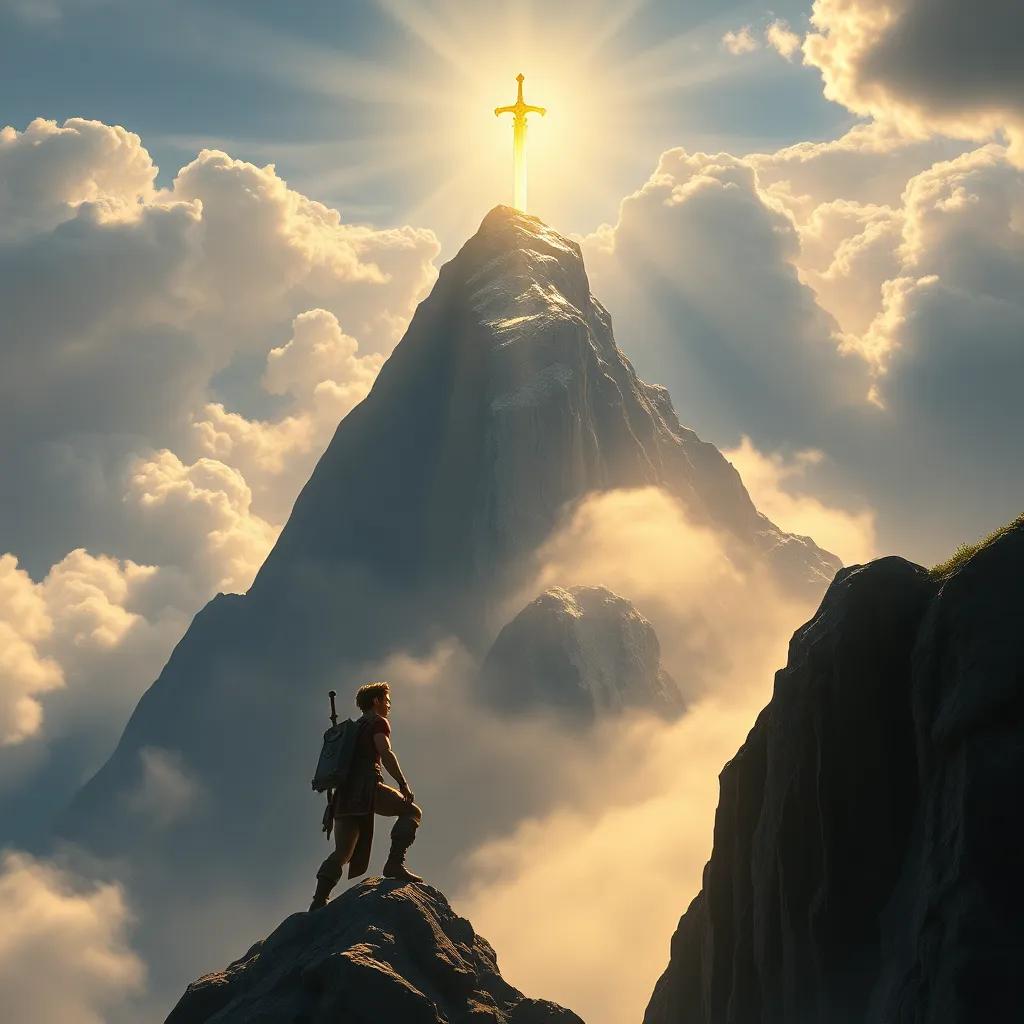 The towering mountain with a bright golden sword at its peak, surrounded by clouds and light beams, Alejandro climbing, looking determined and strong, digital art, majestic scenery, epic tone, high quality