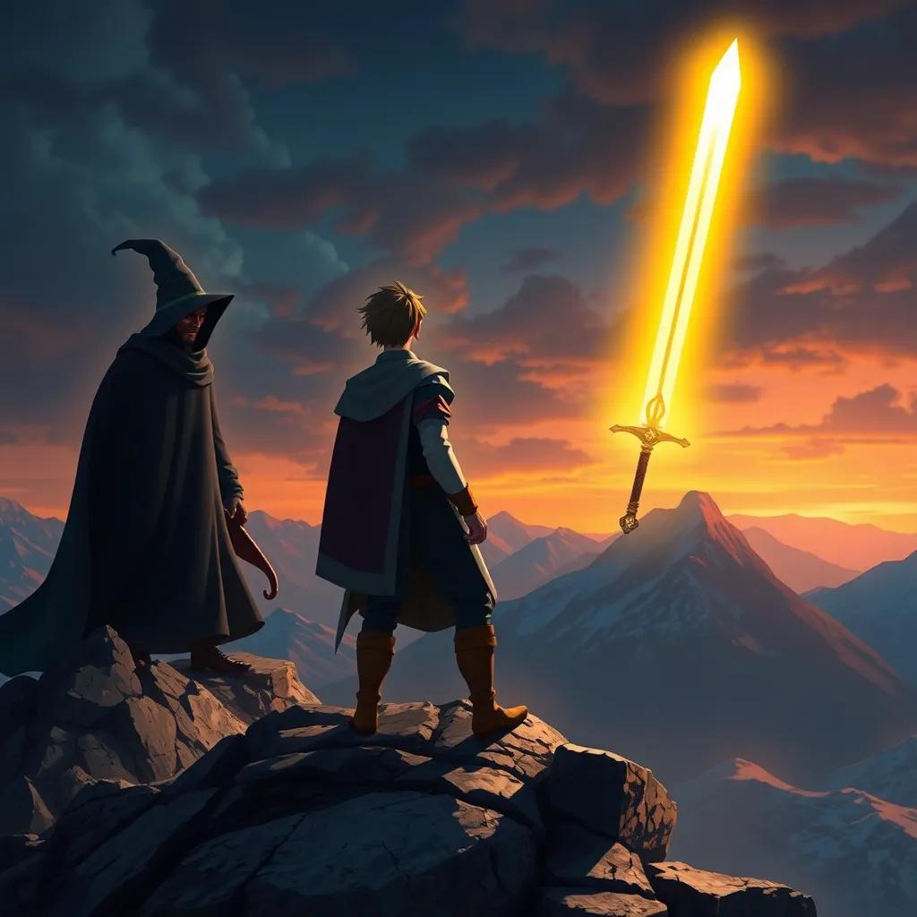 Alejandro at the mountain's peak holding the golden sword with a glow around it, calm yet powerful aura, facing a dark wizard shrouded in shadows, intense and dramatic scene, colorful, high quality