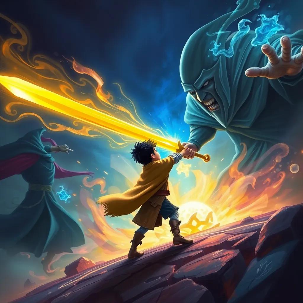 An epic battle scene between Alejandro and the dark wizard, with magical energy swirling around, Alejandro bravely wielding the golden sword, vibrant colors, action-packed, dramatic elements, digital painting