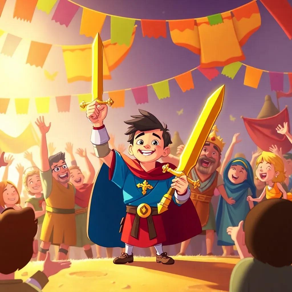 The kingdom celebrating Alejandro’s victory, with colorful banners and joyful people, Alejandro holding the golden sword, smiling with his friends around, warm colors, happy atmosphere, illustration, high quality