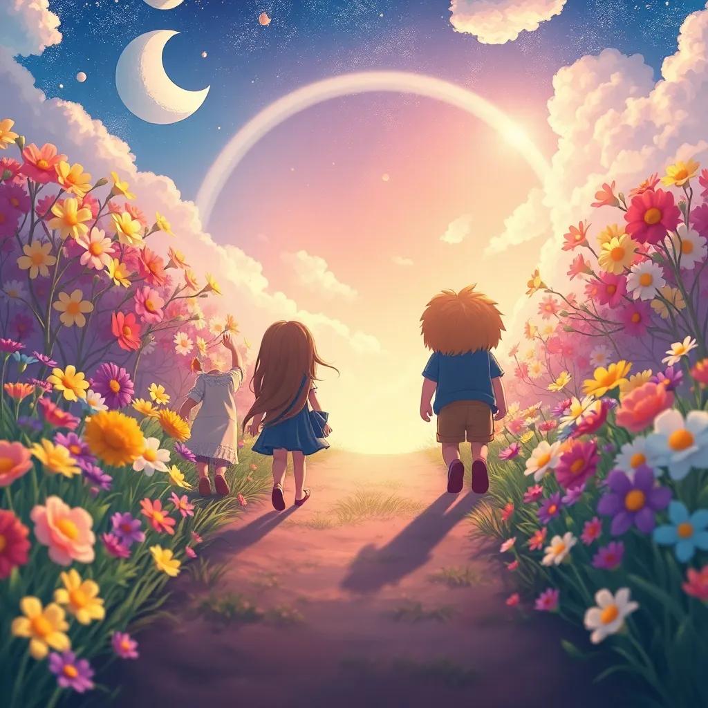 Un camino lleno de flores de colores, con Luna, Leo, Cielo y Sol caminando juntos hacia un arcoíris brillante en el cielo. Detalles de flores, un entorno mágico, cálido y acogedor, ilustración colorida, infantil.