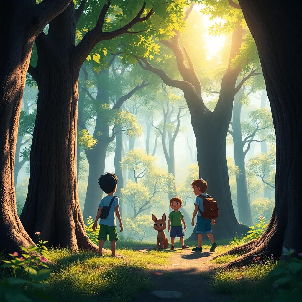 Un bosque mágico, con árboles altos y hojas brillantes. El grupo de amigos busca al guardián del bosque, mientras el sol brilla entre las hojas. Arte digital, vibrante y lleno de vida, perspectiva envolvente.