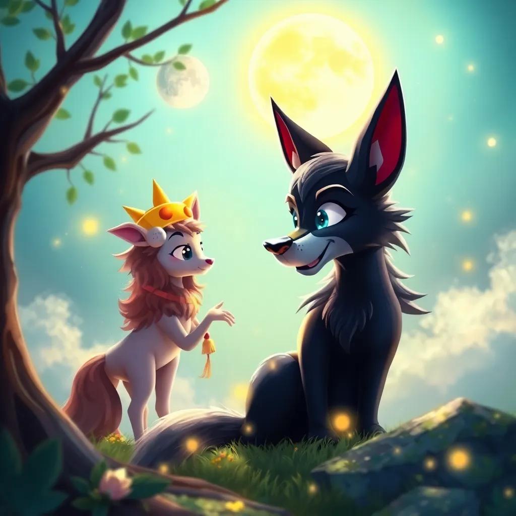 Un zorro sonriente, con pelaje brillante, sentado en un claro, hablando con Luna, Leo, Cielo y Sol. El zorro les cuenta un acertijo, en un entorno mágico y colorido, arte digital, amigable y lleno de fantasía.