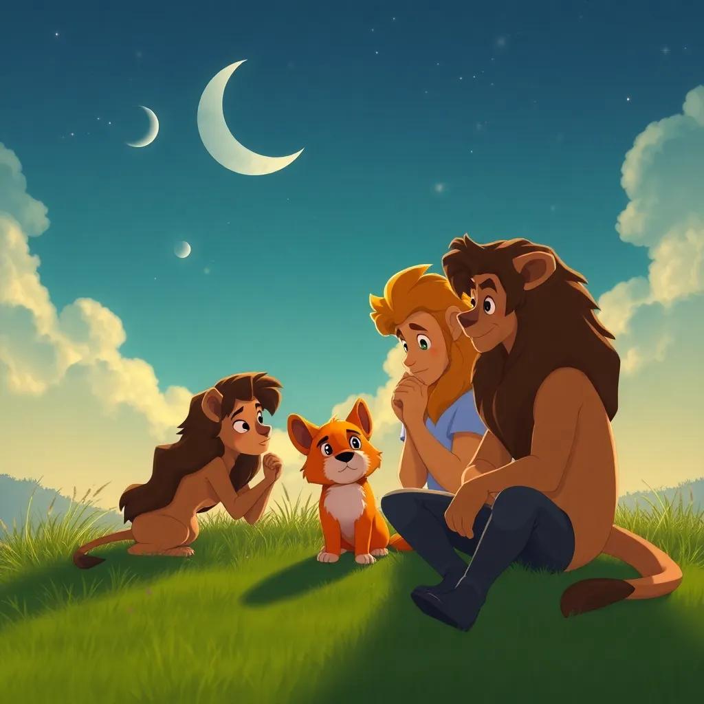 Luna, Leo, Cielo y Sol pensando juntos, mirando al zorro con atención mientras se le plantea un acertijo en un claro. Ambiente amistoso y colaborativo, con colores cálidos y relajantes, arte digital interesante.