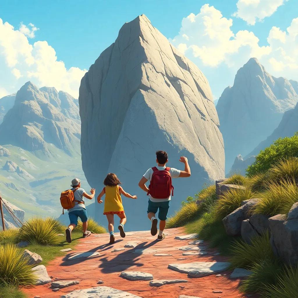 Una gran roca en el camino, con los cuatro amigos empujándola juntos enérgicamente, mostrando esfuerzo y trabajo en equipo. Estilo de ilustración vibrante, perspectiva de acción, arte digital optimista.