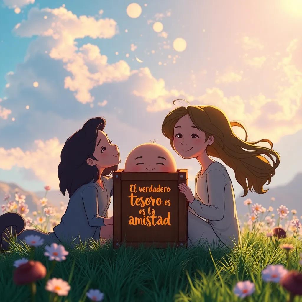 El final del arcoíris, donde no hay oro sino una caja que dice "El verdadero tesoro es la amistad", con los amigos sonriendo, rodeados de naturaleza brillante. Arte digital, cálido e inspirador, momentos felices, colores suaves.