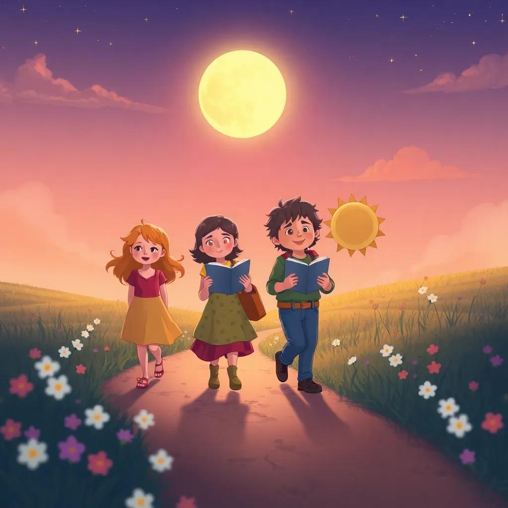 Luna, Leo, Cielo y Sol regresando a casa, felices y contando historias, mientras caminan por un sendero de flores, con el sol poniéndose detrás. Estilo de ilustración encantador, colores calmados y nostálgicos, arte digital cálido.