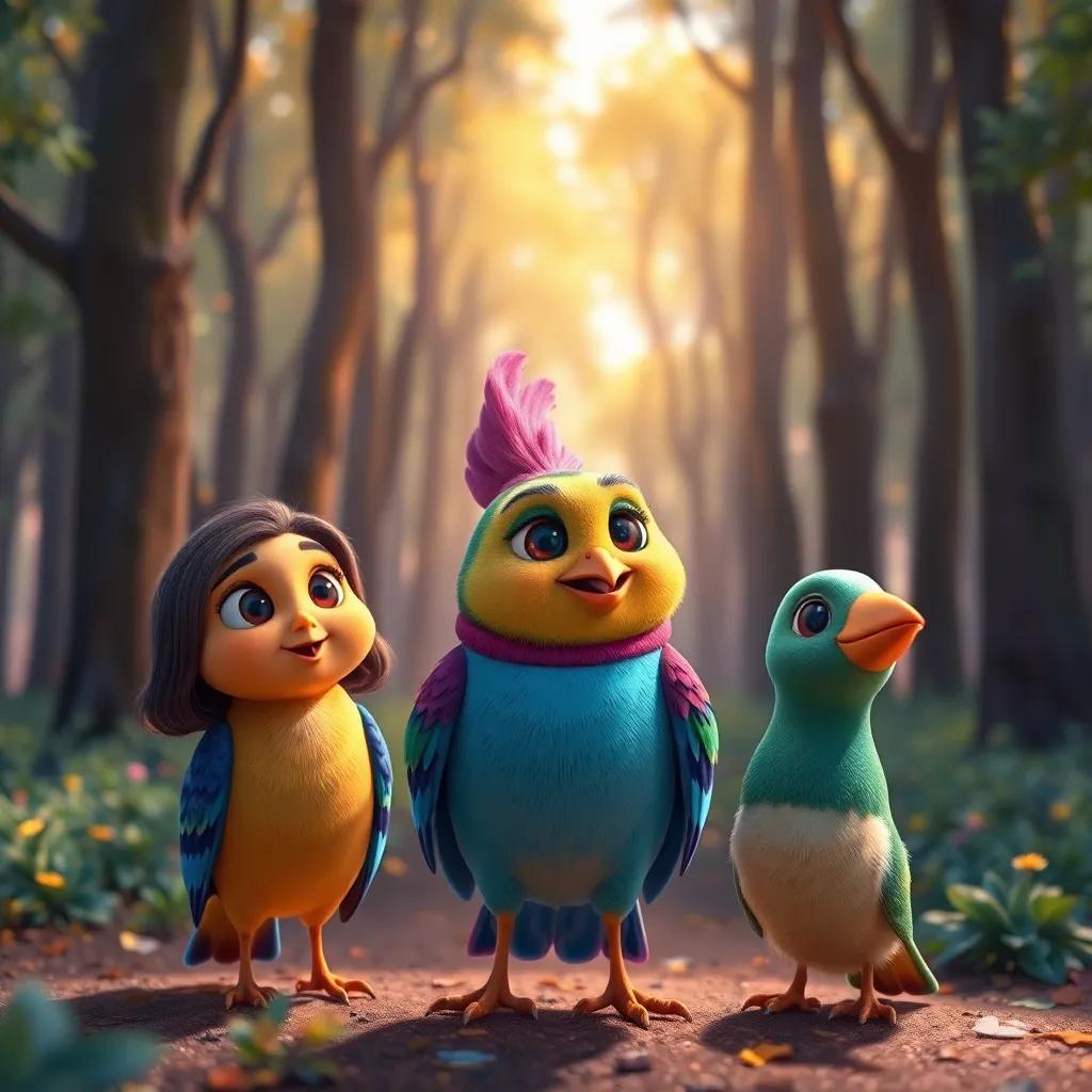 Pipo, un pájaro colorido y simpático, junto a Clara y sus amigos, en un bosque lleno de árboles altos y brillantes, digital art, alegre, luminosa, encantadora