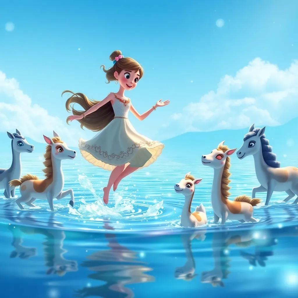 Clara y sus amigos saltando y bailando junto a las ranas en un lago cristalino, con brillar del agua y un cielo azul, digital art, divertido, mágico, animado