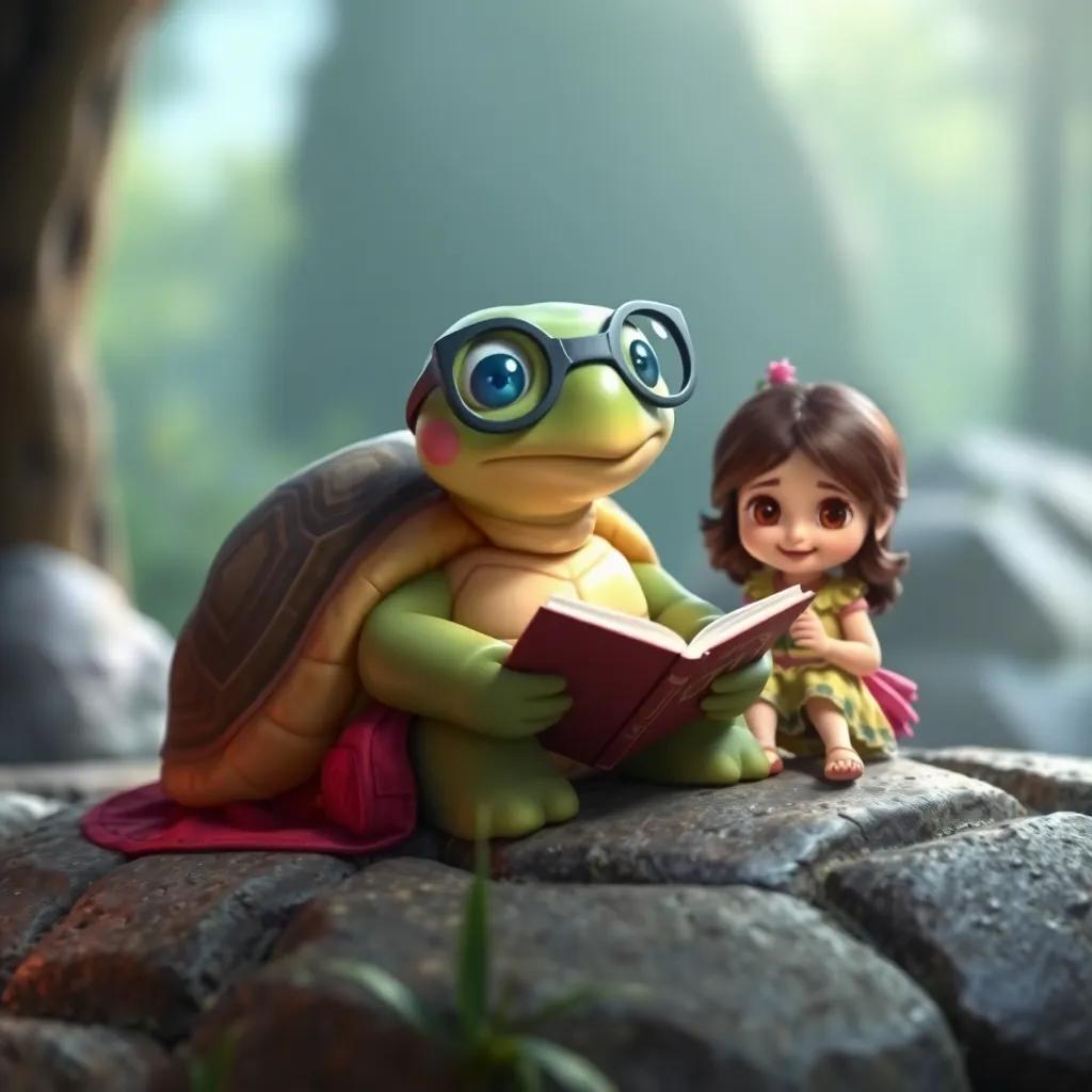 Toto, una tortuga sabia con gafas y una sonrisa amable, sentada en una piedra, contando historias a Clara y sus amigos, ambiente tranquilo, digital art, acogedor, lleno de vida